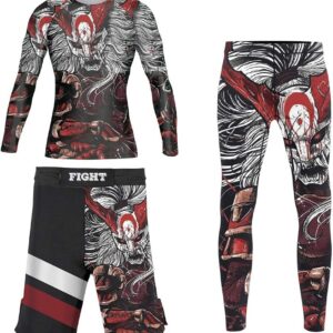 CHOO Men's Mask Samurai Moisture Wicking Gym T-Shirt Quick-Dry Stretch Clothing(Longsleeve + Spats/Shorts), XX-Large