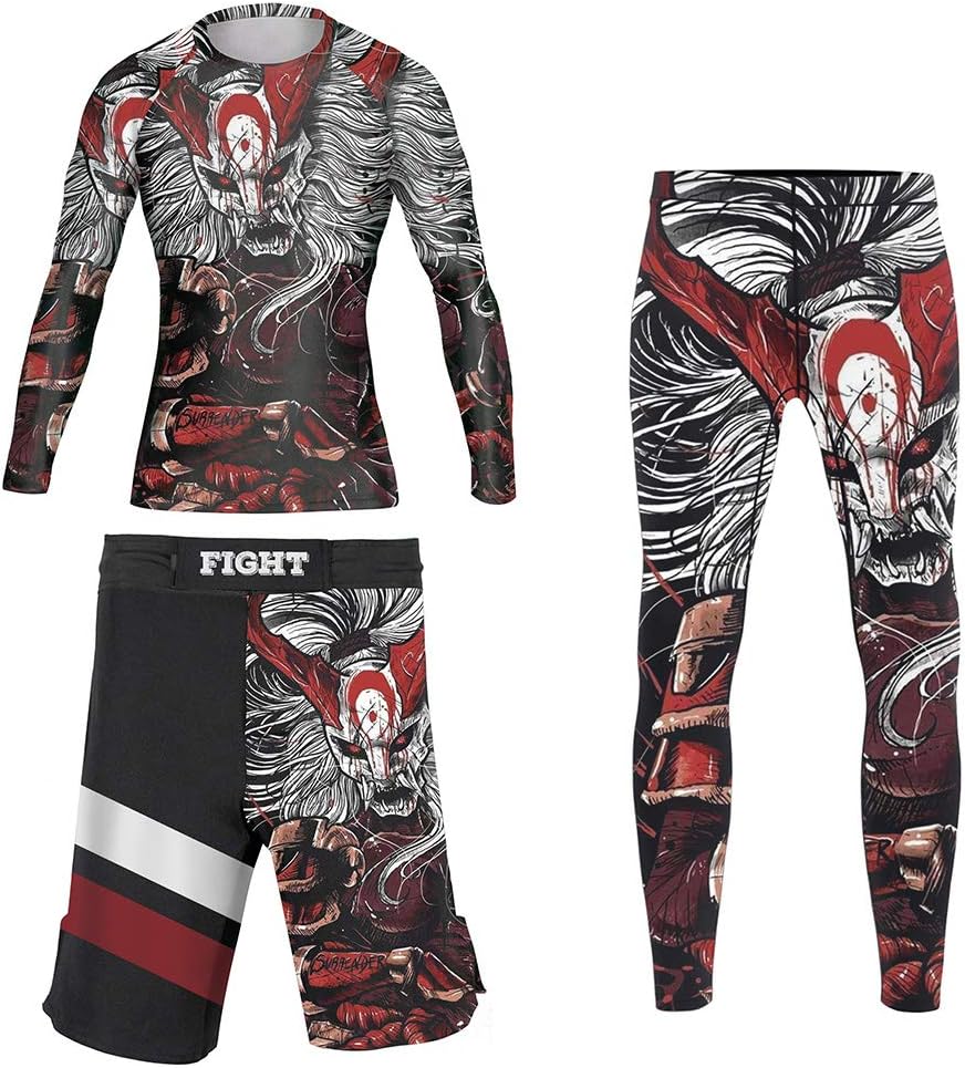 CHOO Men's Mask Samurai Moisture Wicking Gym T-Shirt Quick-Dry Stretch Clothing(Longsleeve + Spats/Shorts), XX-Large