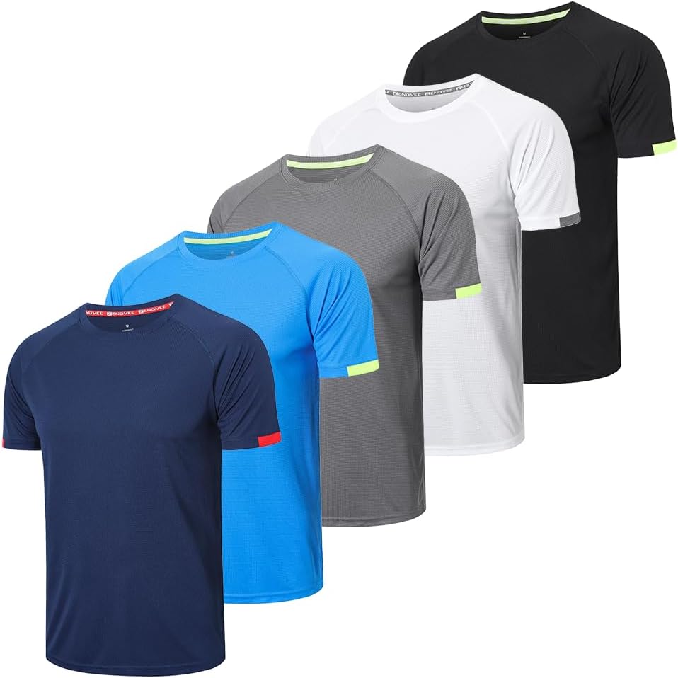 HUAKANG 5 Pack Workout Shirts for Men Quick Dry Crew Neck Short Sleeve Tee Tops Moisture Wicking Athletic Light Gym T-Shirts