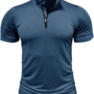 Men's Outdoor Sports T-Shirt 1/4 Zipper Solid Color Casual Slim Stand Collar High Elastic Quick Dry Short Sleeve