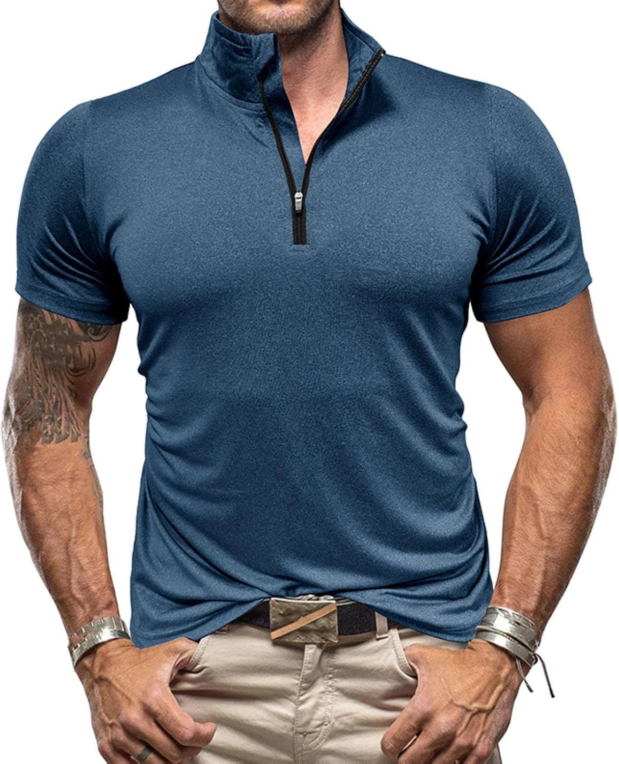 Men's Outdoor Sports T-Shirt 1/4 Zipper Solid Color Casual Slim Stand Collar High Elastic Quick Dry Short Sleeve - Image 3