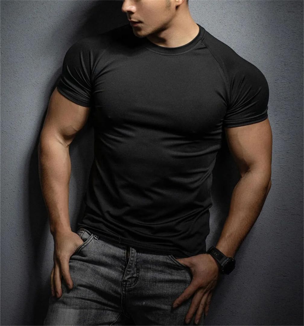 Mens Sports T Shirt Elastic Quick Dry Short Sleeve Gym Running Training Top Leisure Exercise Tee - Image 5