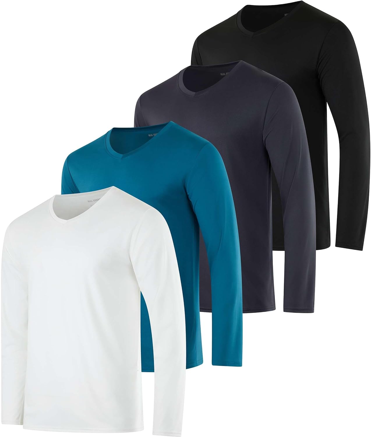 Real Essentials 4 Pack: Men's Dry Fit Long Sleeve V-Neck Active T-Shirt - Athletic Outdoor UPF 50+ - Set 7, 3X
